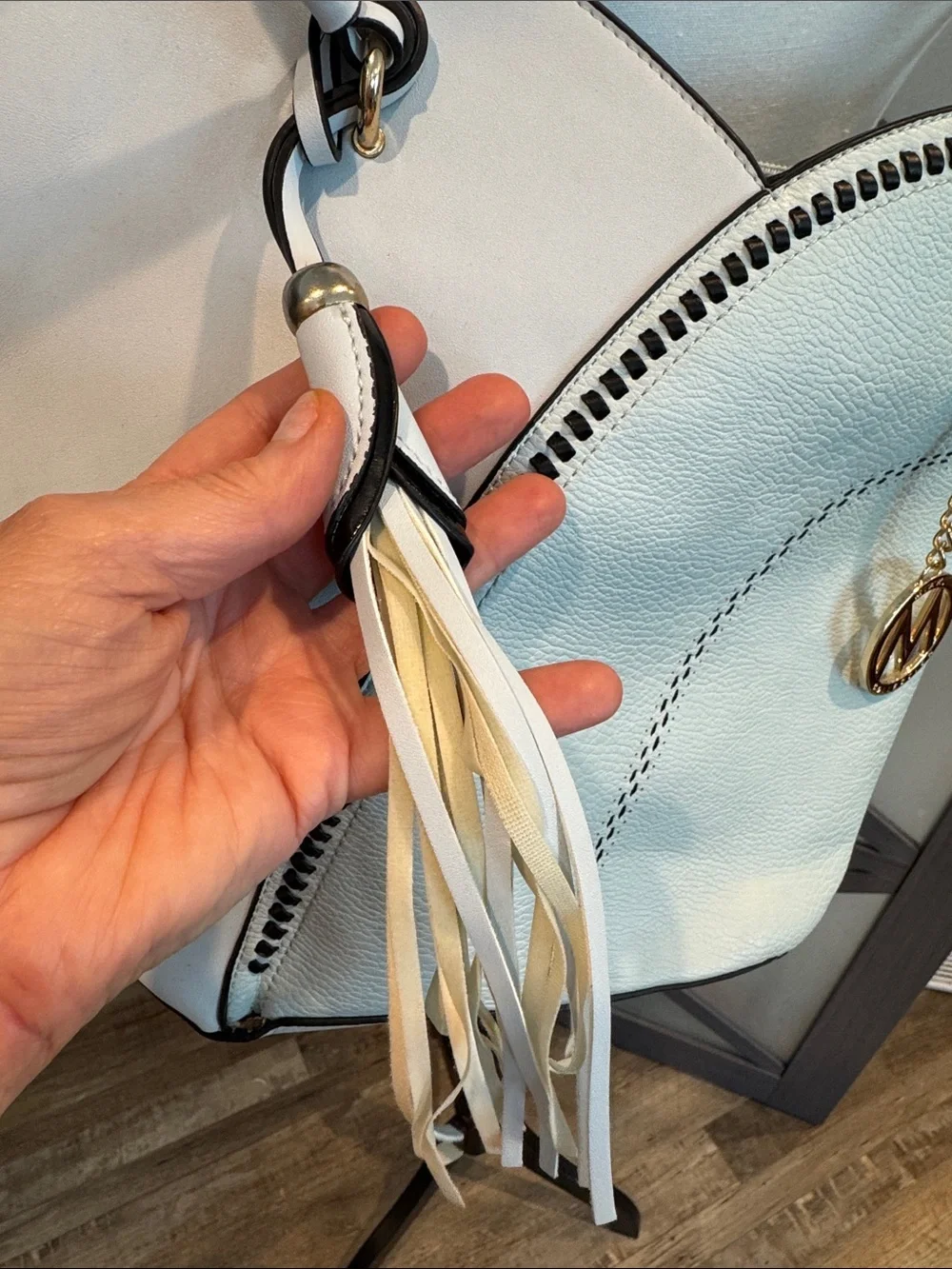 Light Blue Shoulder Bag with Tassel and Gold Charm and Matching Wallet